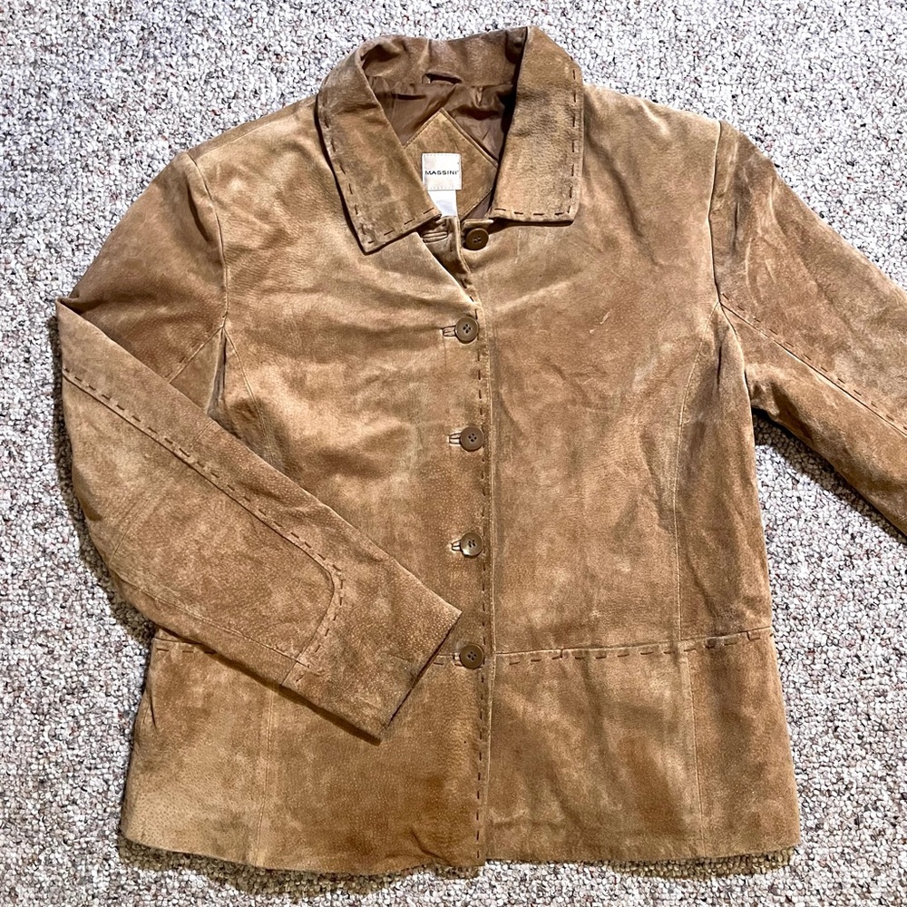 Massini Tan Genuine Leather Suede Button-Front Women's Jacket
